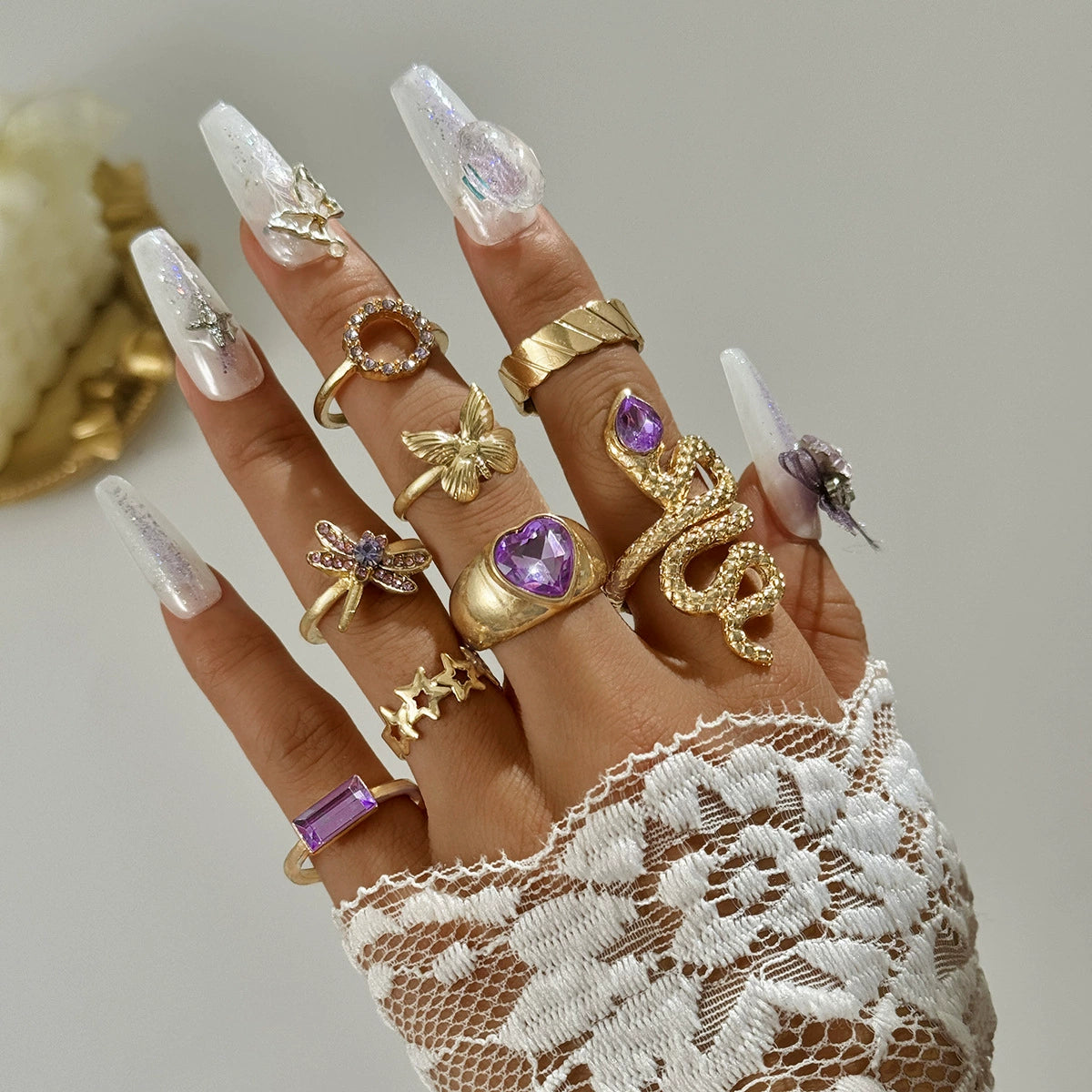 Lilac Crystal 8 Piece Ring Set