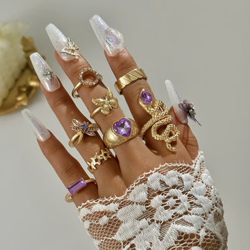 Lilac Crystal 8 Piece Ring Set
