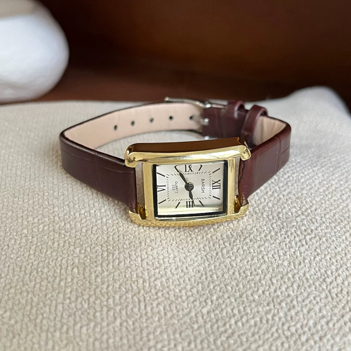 Retro Square Roman Numeral Watch - Coffee Strap Gold Case White Dial [ZEST86EO]