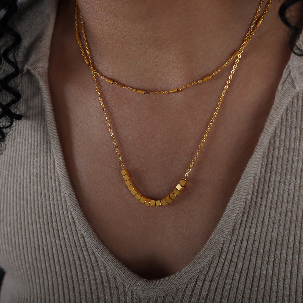 Gloriana Layered Square Bead Necklace - Gold Double Layer Necklace [D5JFBEDT]
