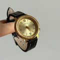 Round Small Dial Wrist Watch - Black Strap Gold Case Gold Dial [YQXALCO1]