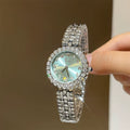 Floral Mother-of-Pearl Bracelet Watch - Silver with Green Dial (Full Sparkle Floral) [NMXYQWAM]