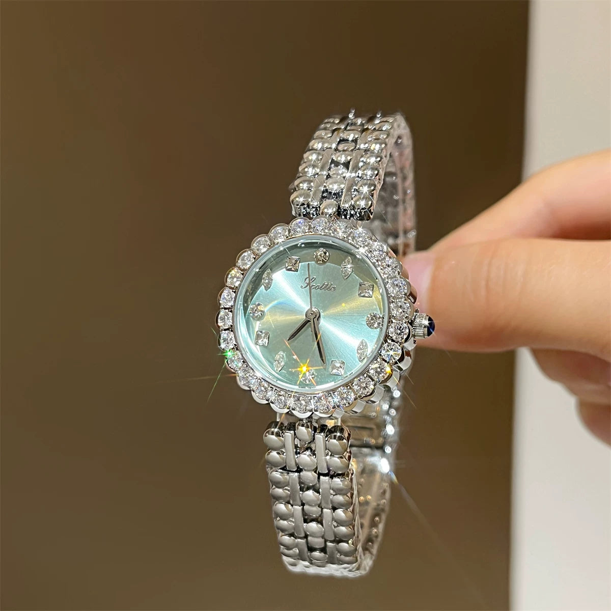 Floral Mother-of-Pearl Bracelet Watch - Silver with Green Dial (Full Sparkle Floral) [NMXYQWAM]