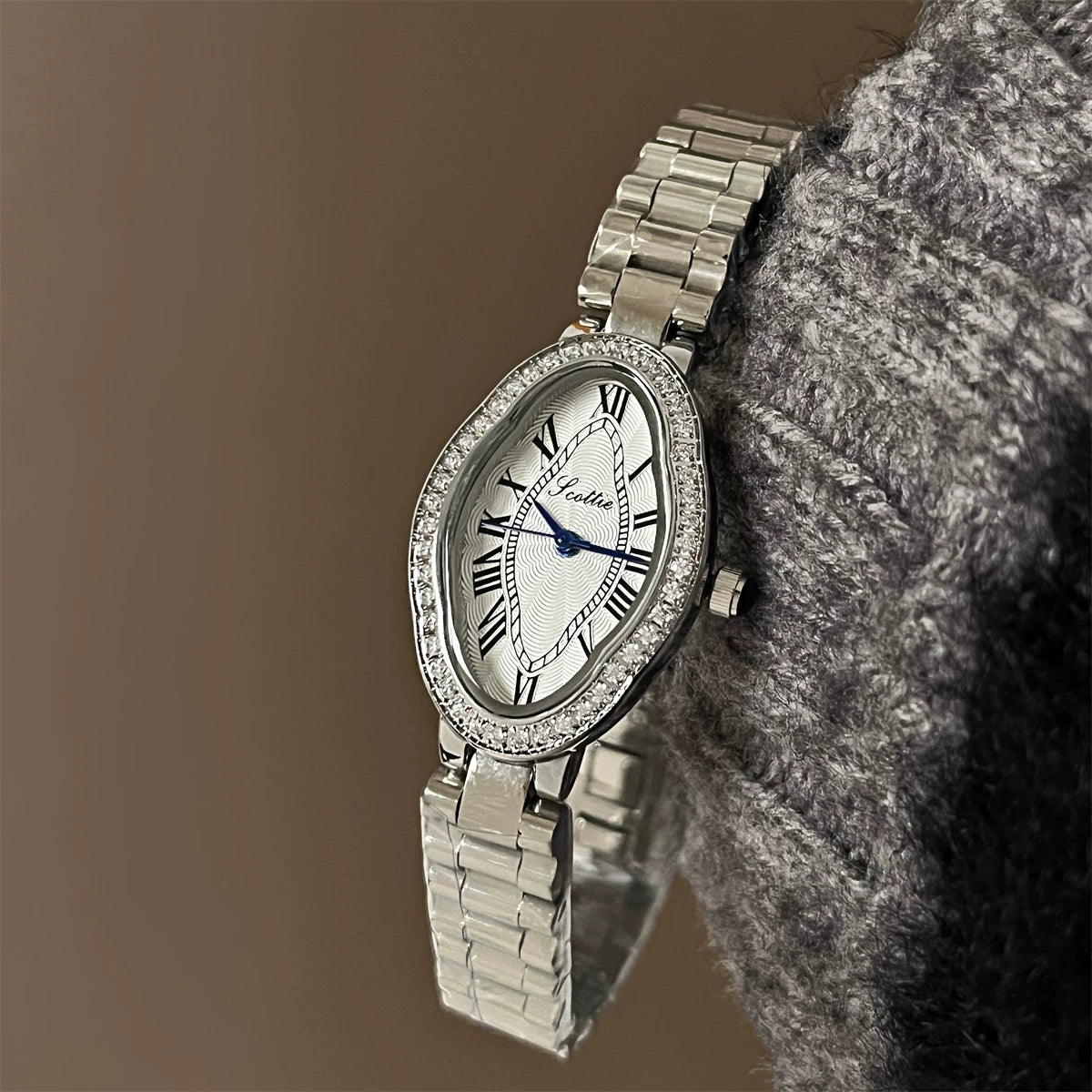 Oval Crystal Embellished Bracelet Watch - Silver Band White Face (9770 Irregular) [RDD8QMA9]