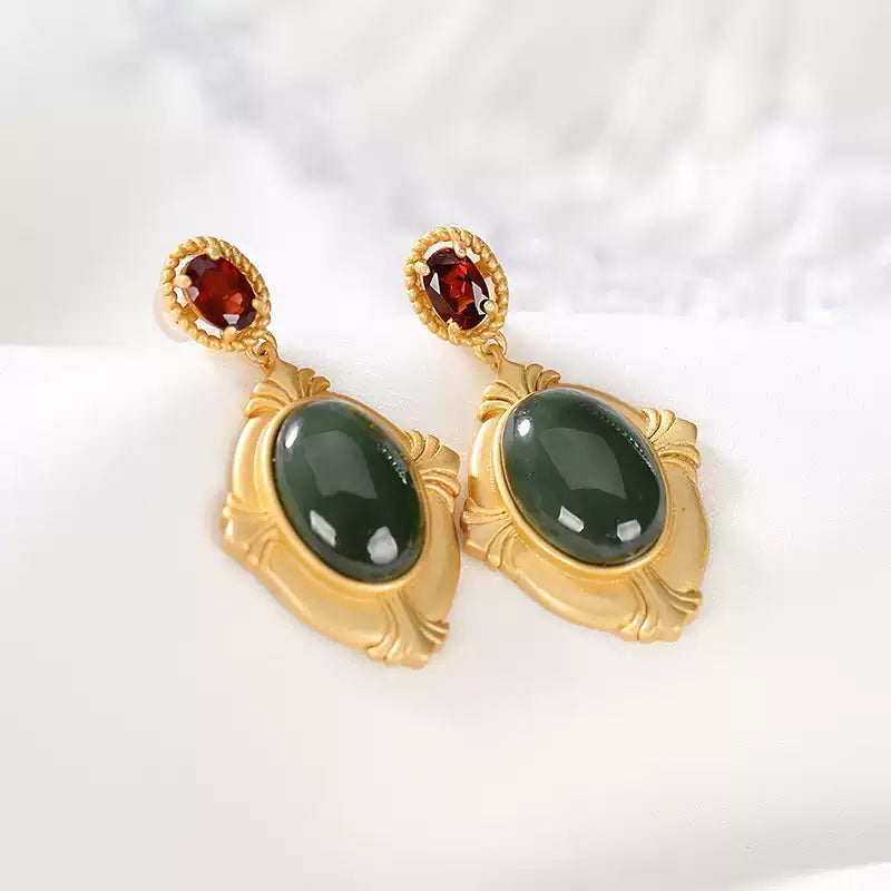 Rosalie Regal Jade and Garnet Vintage Earrings