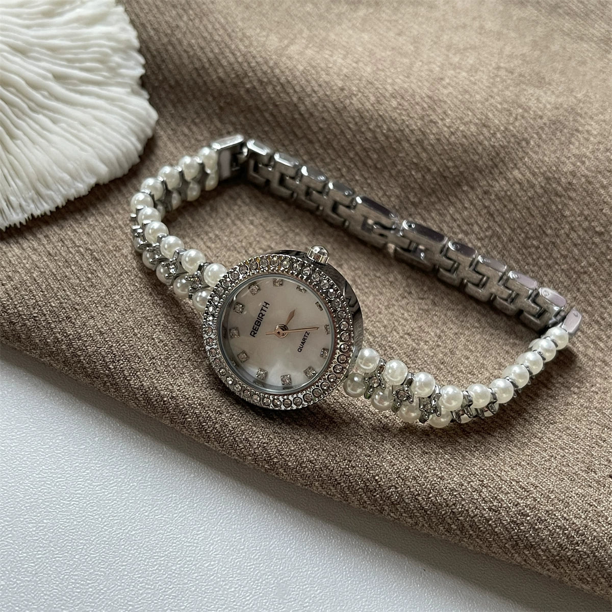 Pearl Bracelet Watch - Silver (Round Double Row Pearls) [N2BHVE5Q]