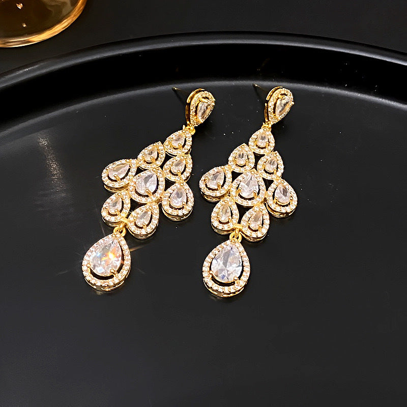 Laurie Zircon Leaf Tassel Earrings - Gold White [TBV06NWB]