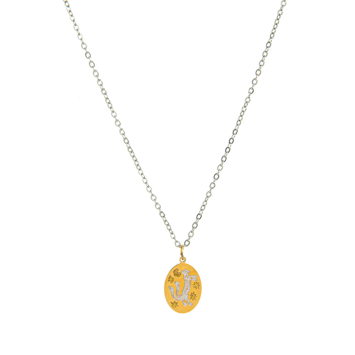 Tracey Dainty Charm Necklace - White Enamel Cat with Steel Chain [YHLFYDOR]