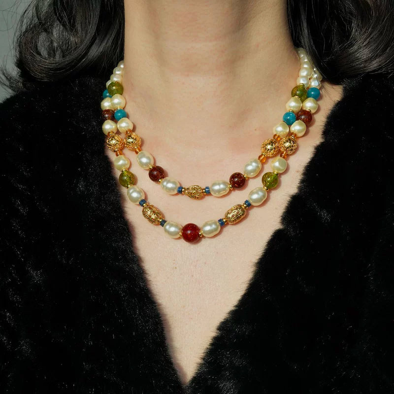 Double-Layer Pearl and Gold Chain Necklace - Necklace (In Stock) [M5Y4UHS8]