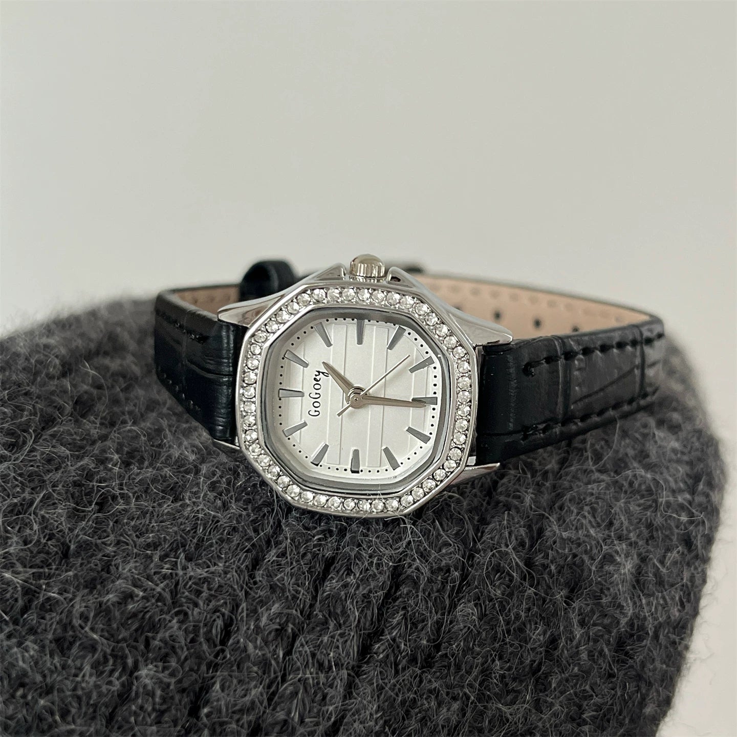 Vintage Polygonal Small Dial Watch - Black Strap Silver Case White Dial [GWJ83GG9]