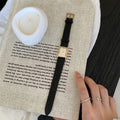 Ivyonna Rectangular Leather Watch - Black Strap Gold Frame White Face [Y4ISLQDA]