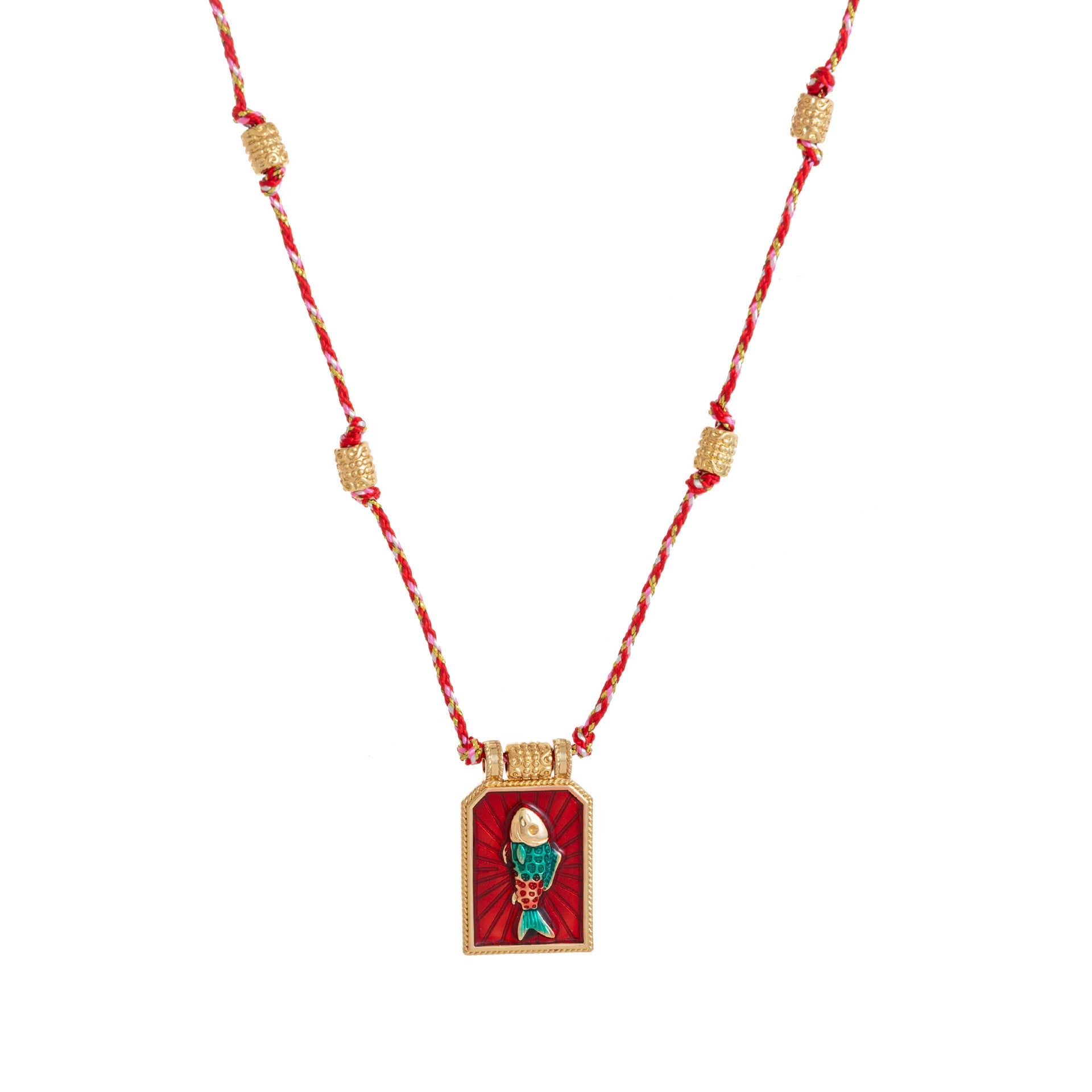 Color Cord Pendant Necklace - Red Fish Necklace (With Beads) [UU3DE3ST]