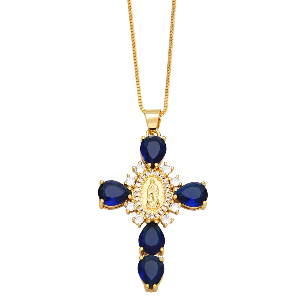 Ianna Madonna Cross Necklace - Blue [UIH844HI]