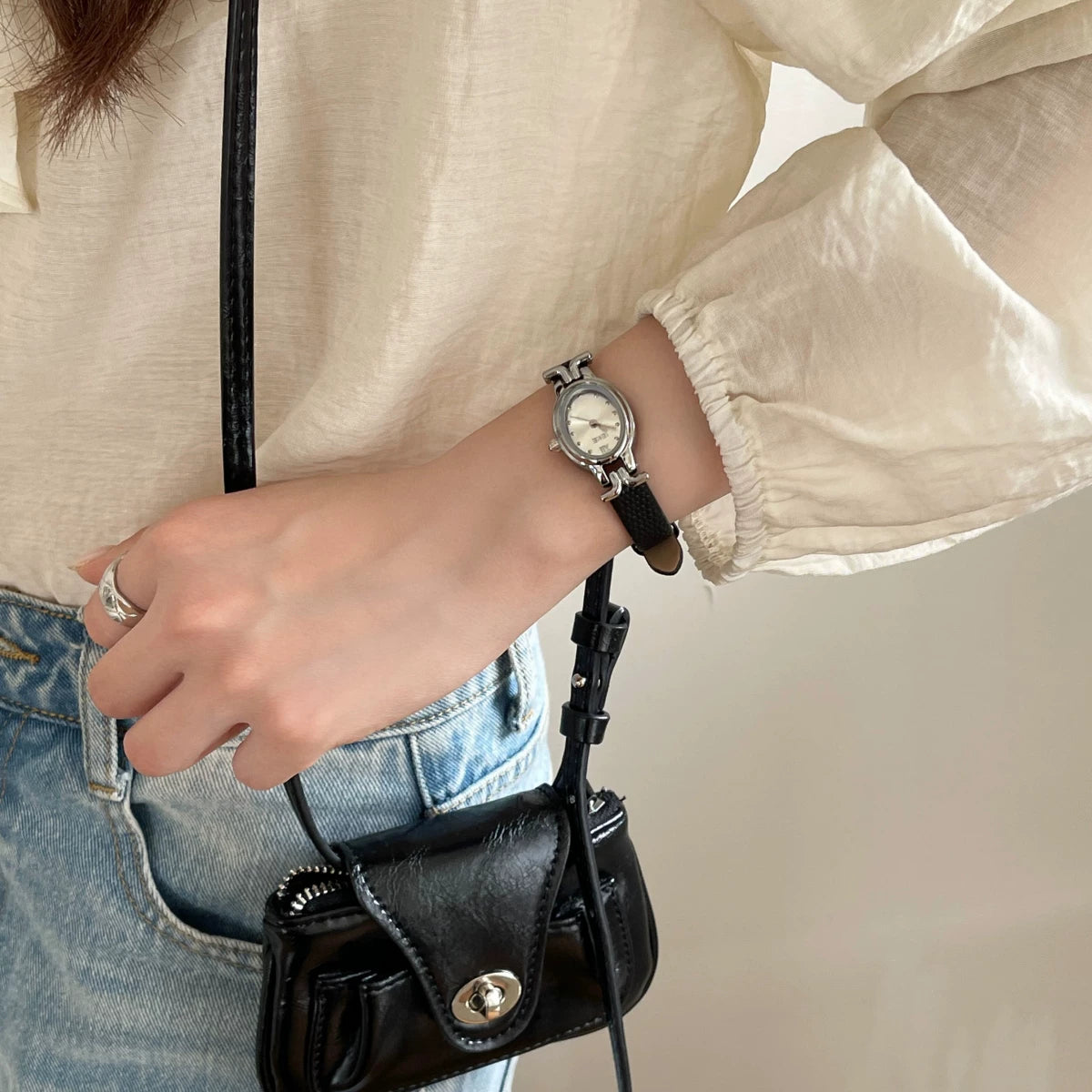 Vintage Oval Leather Strap Watch - Black Strap, Silver Case, White Dial [B3FZB53O]