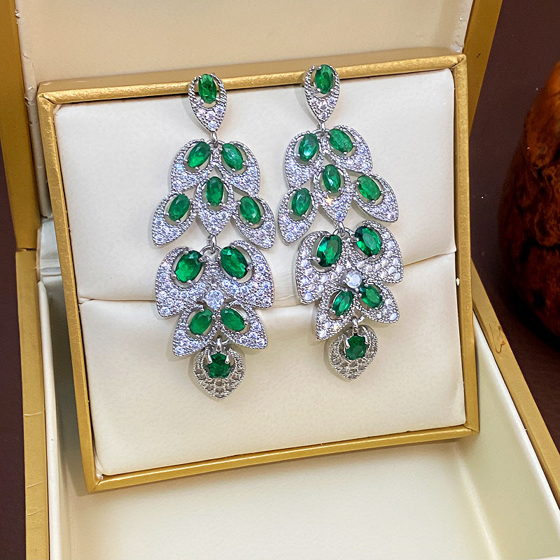 Avangeline Zircon Leaf Earrings - Silver-Green [M8EYN97L]