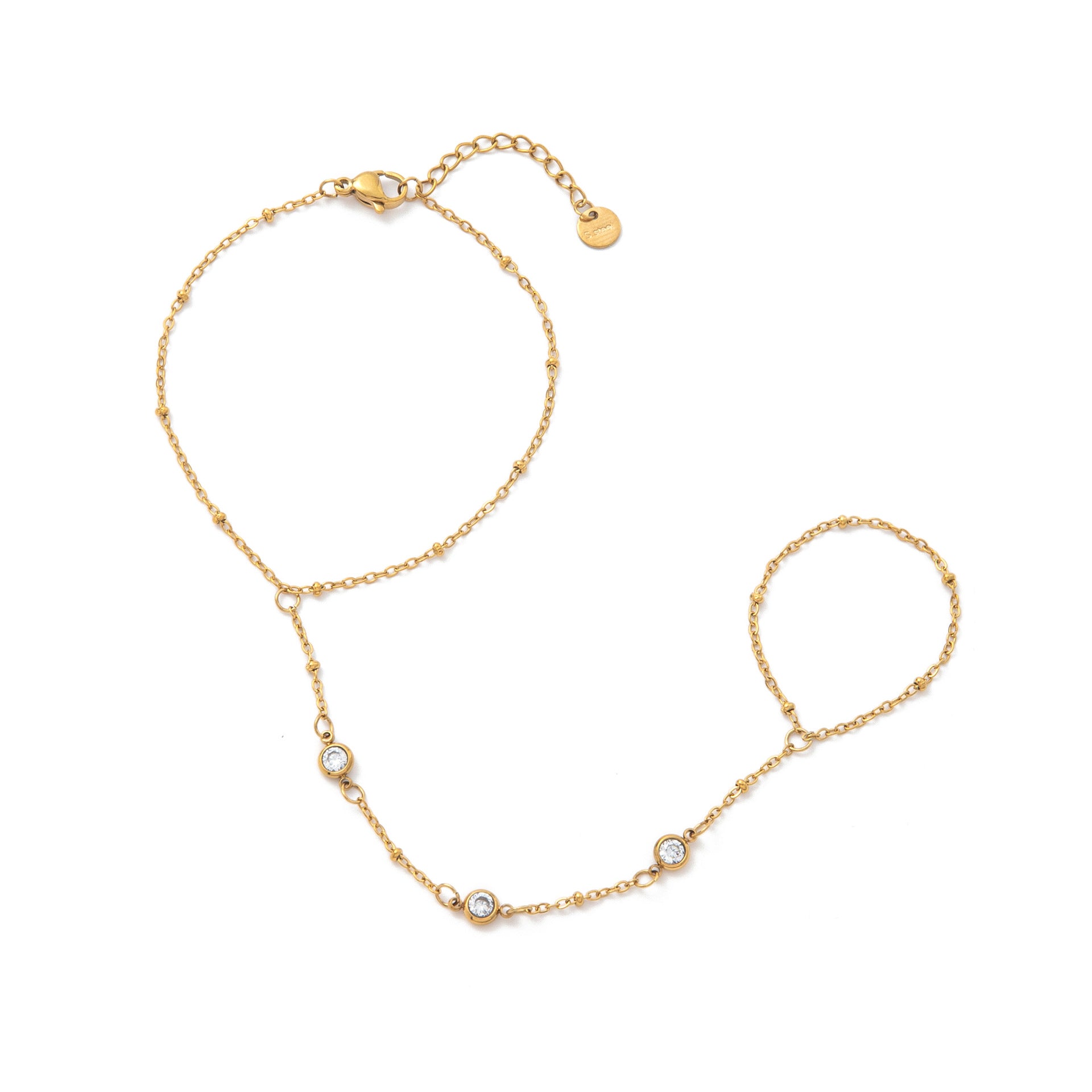 Elliette Gold Plated Finger Chain Bracelet - Finger Chain - Three Rhinestones [ORE6WWHQ]