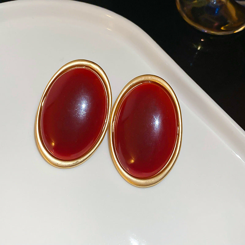 Margaret Retro Oval Drop Earrings - Silver Post - Wine Red Resin Oval Earrings [BKTB4VX5]