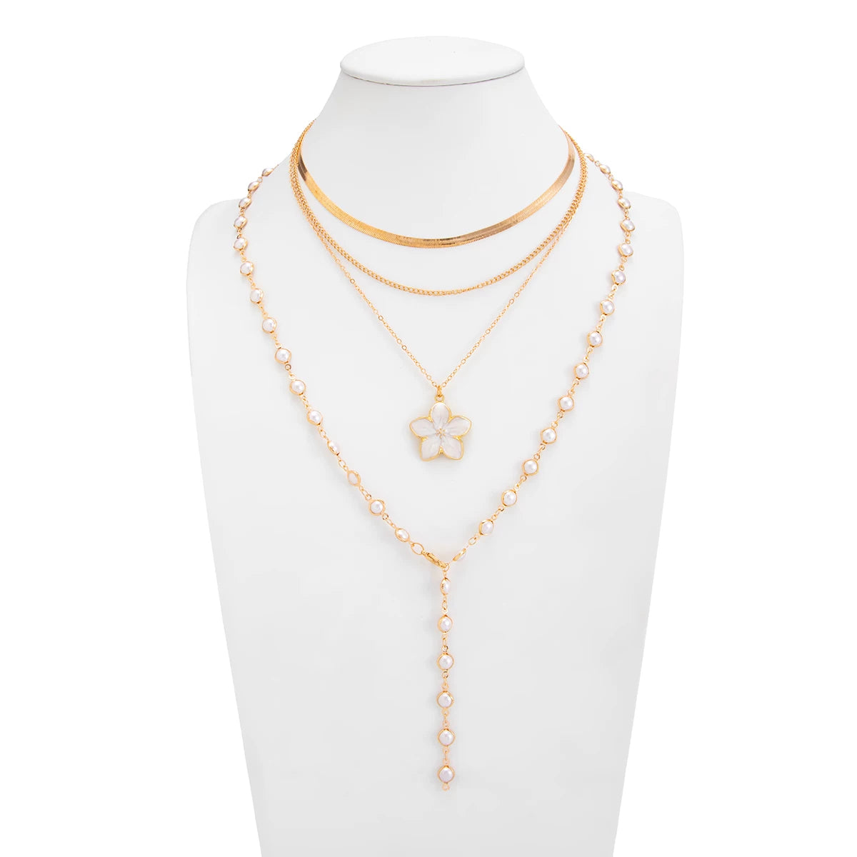 Missy Jewelry - Asra Layered Flower Lariat Necklace - Gold & White Color
