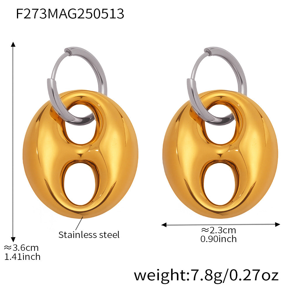 Lorelei Polished Coffee Bean Earrings - F273 Gold & Steel Hollow Coffee Bean [5876IP3P]