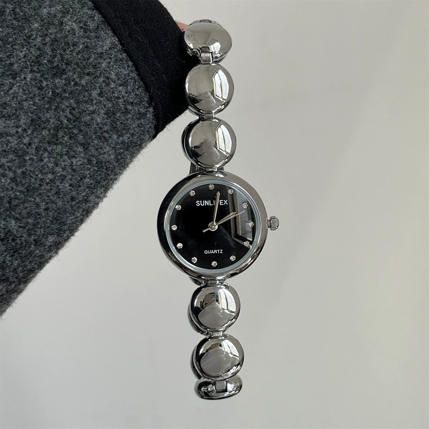 Small Dial Gold Bead Bracelet Watch - Silver Band with Black Dial [KW5QECGJ]