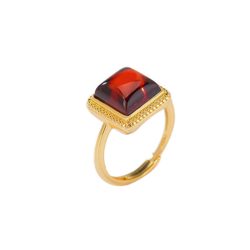 Red Amber Square Silver Ring