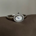 Oval Vintage Gold Bracelet Watch - Silver Band White Dial (Crystal Bezel, Stick Markers) [KXT4N6C4]