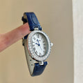 Retro Oval Leather Strap Watch - Blue Strap Silver Case White Dial [QUMCCZ9X]