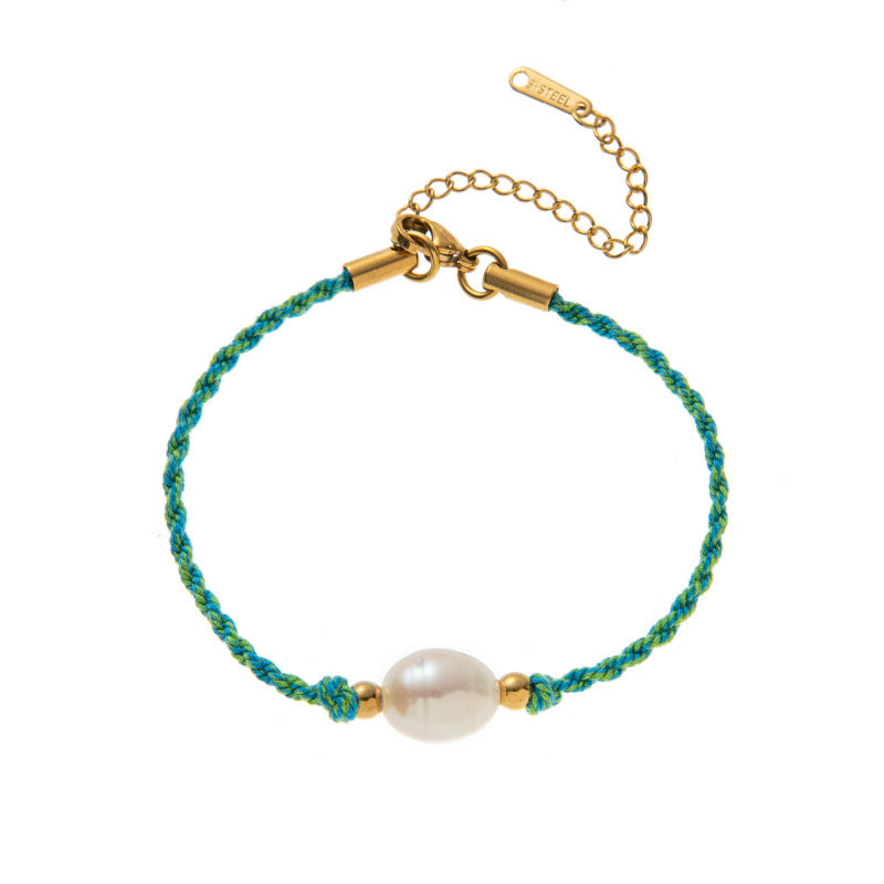 Charm Cord Bracelet - Pearl Charm Bracelet (Green Cord) [RE1A7WJM]