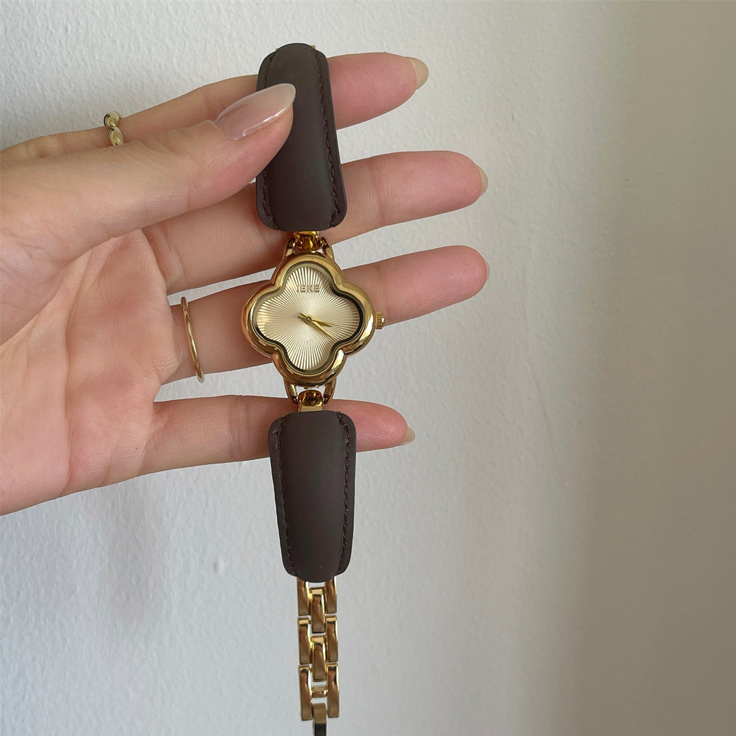 Bostyn Clover Leather Watch - Dark Coffee Strap, Gold Frame & Gold Dial [0CWJBZUO]