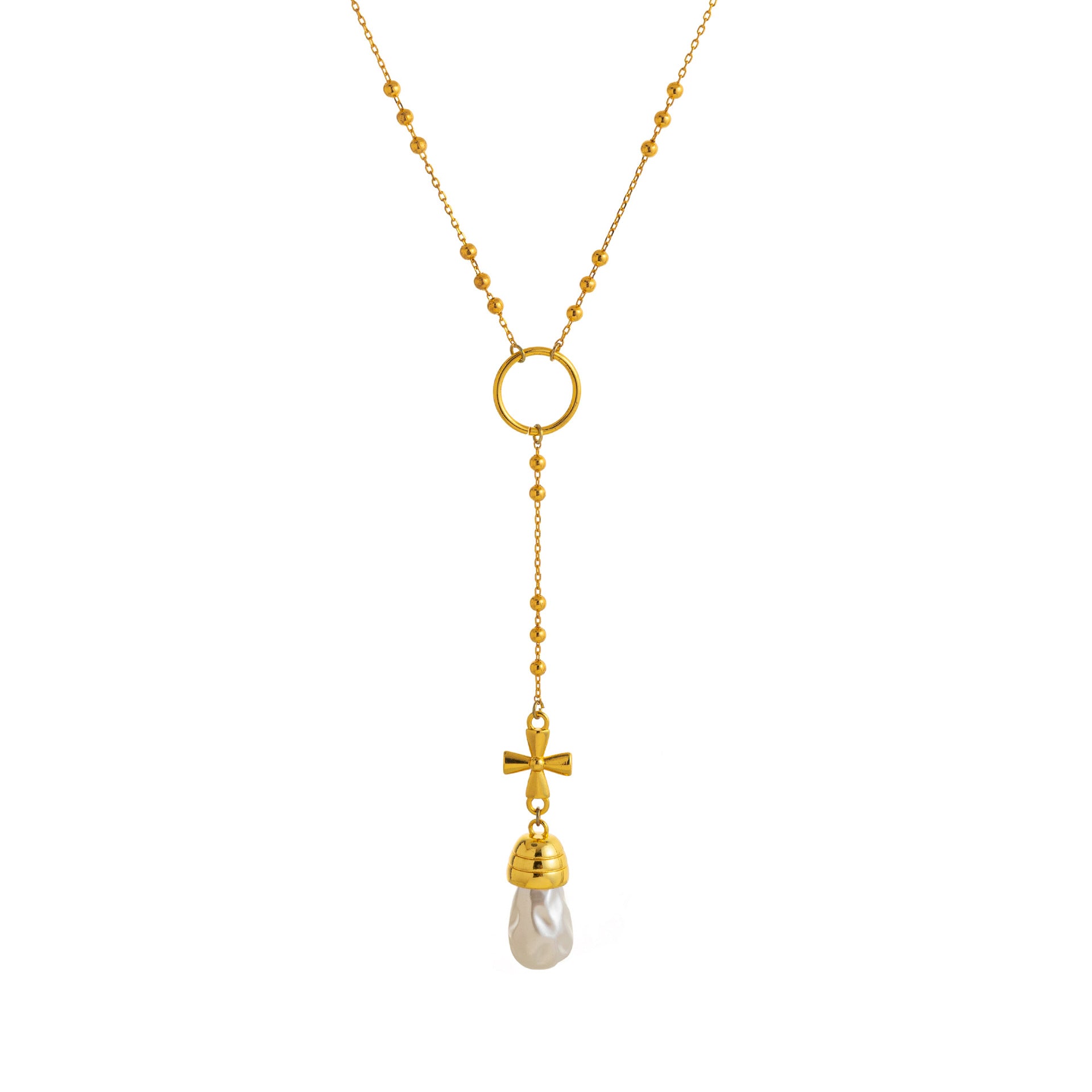 Cross Pendant Lariat Necklace - Small Pearl Cross [QGH6O2UE]