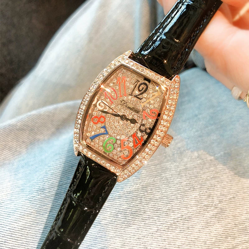 Rhinestone Tonneau Leather Strap Watch - Starry Black [QYTAO78O]