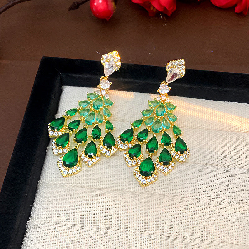 Maelee Zircon Feather Drop Earrings - Silver Post Gold Green [71F1IRUW]