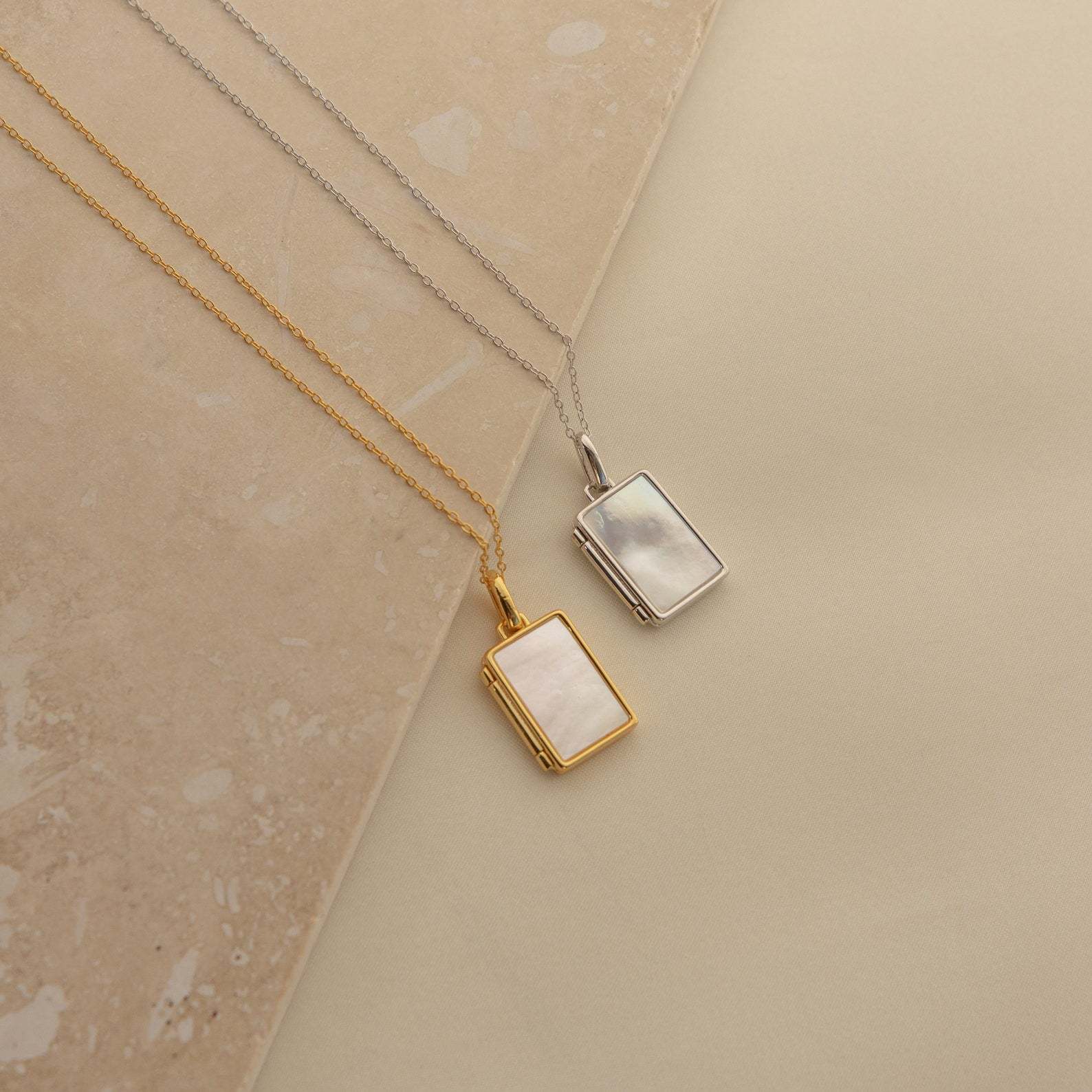 Shell Inlay Locket Pendant Necklace - Gold Rectangular Shell [DVMKX9LW]