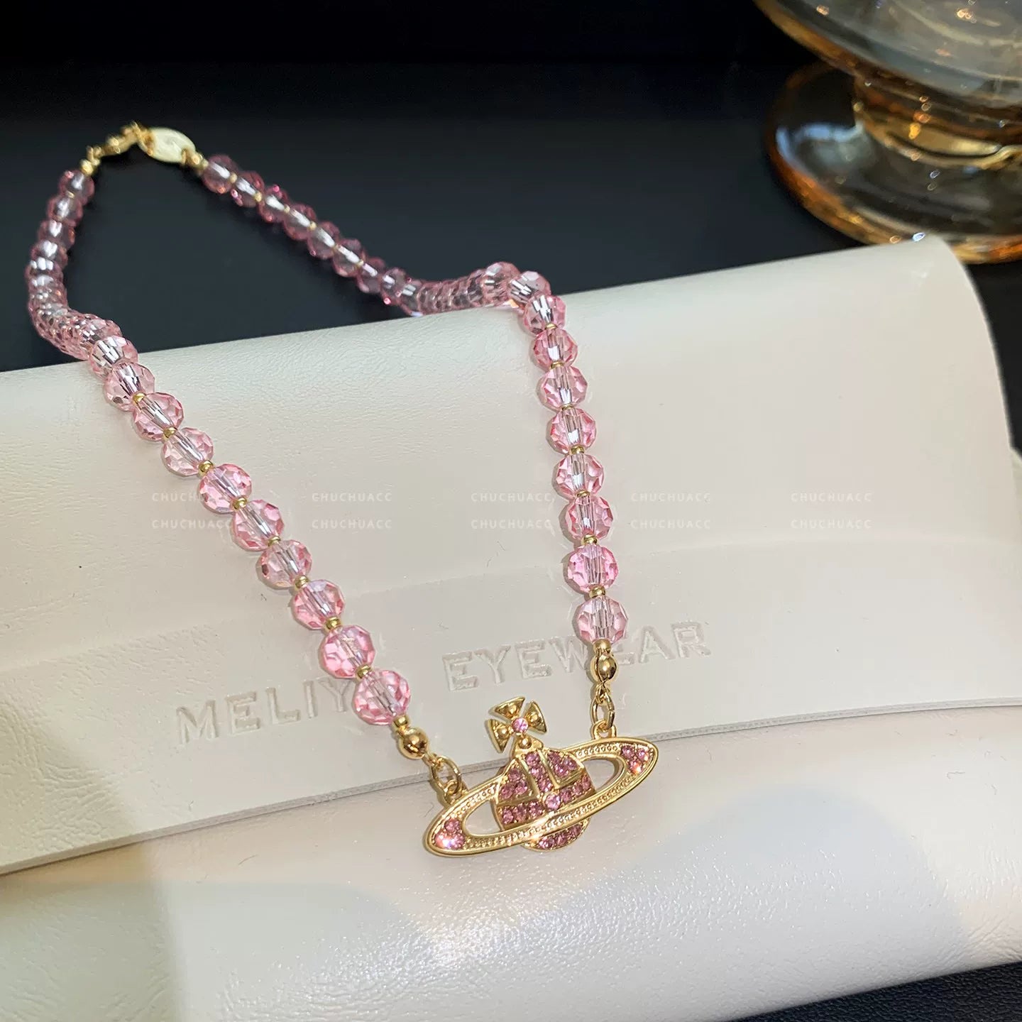 Pink Crystal Saturn Beaded Necklace - Pink Crystal Saturn Necklace [7ES6D1MD]