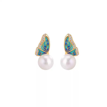 Enamel Butterfly Pearl Stud Earrings