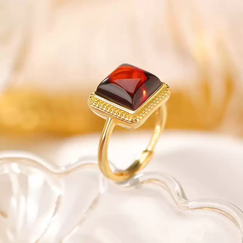 Red Amber Square Silver Ring