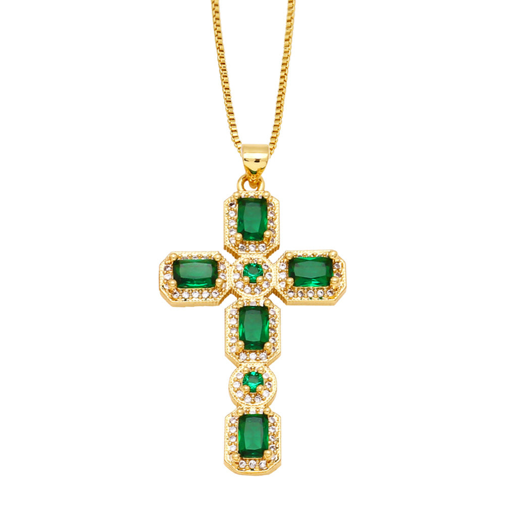 Ayva Zircon Cross Necklace - Green [DXYADVZP]