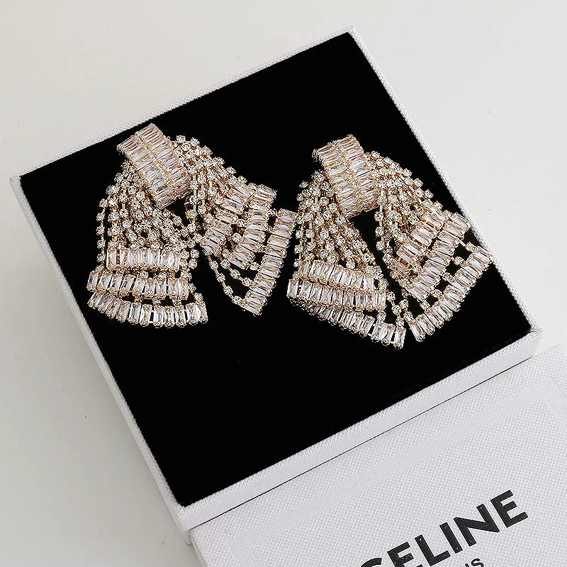 Rhinestone Bow Tassel Drop Earrings - Gold Pierced Earrings [VOW7K3ZU]