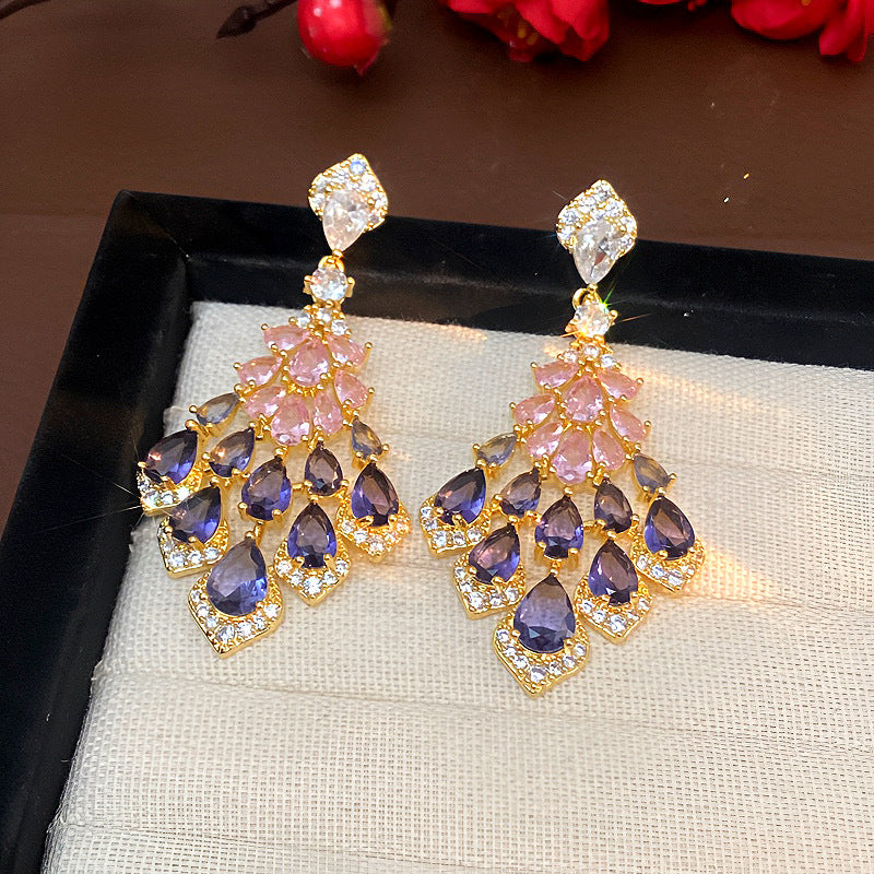 Maelee Zircon Feather Drop Earrings - Silver Post Gold Purple [PR2L11HL]