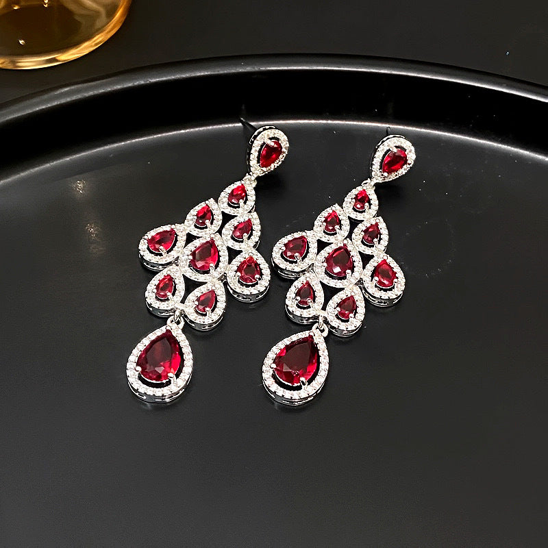 Laurie Zircon Leaf Tassel Earrings - Silver Red [X2FVNU7V]