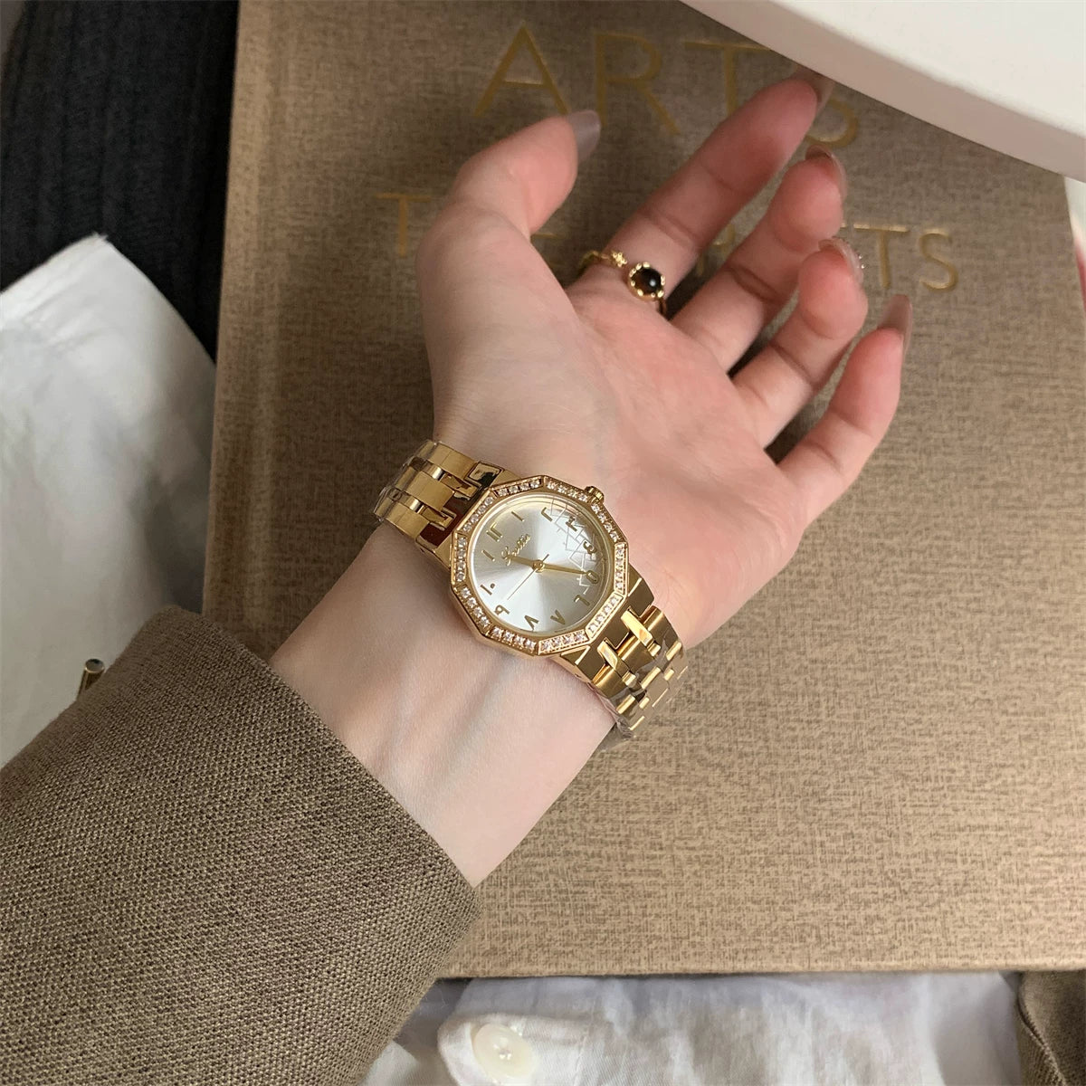 Elegant Crystal Accent Bracelet Watch - Gold Band with White Face [6DDOACHL]