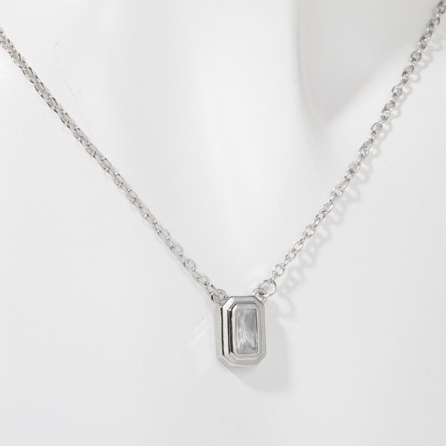 Layered Zircon Pendant Necklace - Silver Vertical Single Square Zircon [W3LAQGNA]