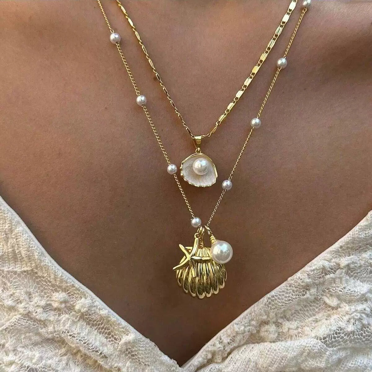 Layered Pearl and Shell Necklace - Style 6 [8ILXQO3R]