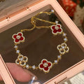 Mother-of-Pearl Petal Clover Bracelet - Red Star Petal Bracelet - Adjustable [2IBHRR0P]