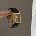 Vintage Square Leather Watch - Black Strap Gold Face [Q1AB5R9Q]
