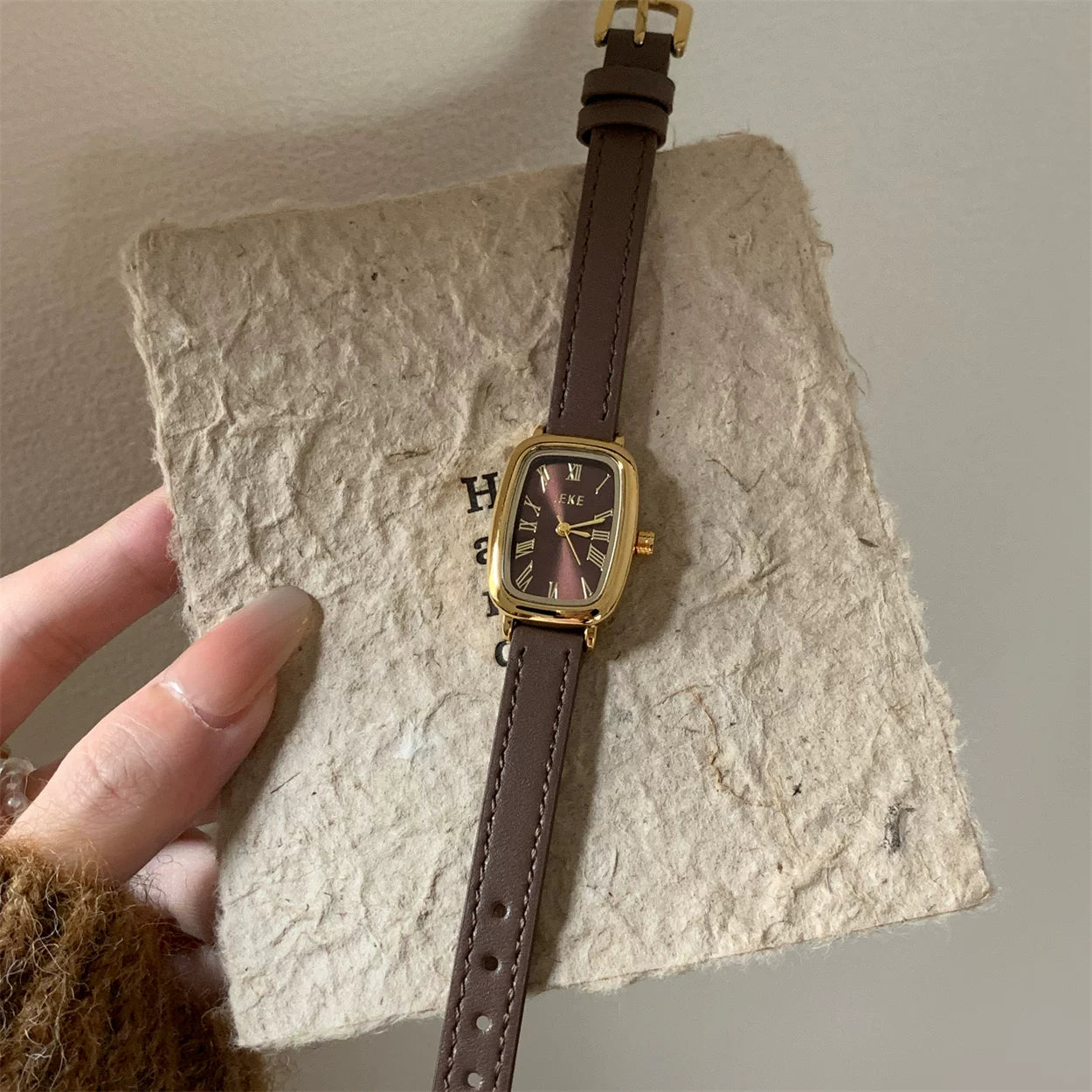 Vintage Square Dial Leather Watch - Light Coffee Gold Frame Coffee Face / Smooth [BFI4ZQ57]