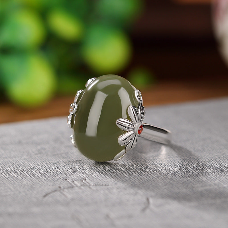 Green Jade Flower Sterling Silver Ring