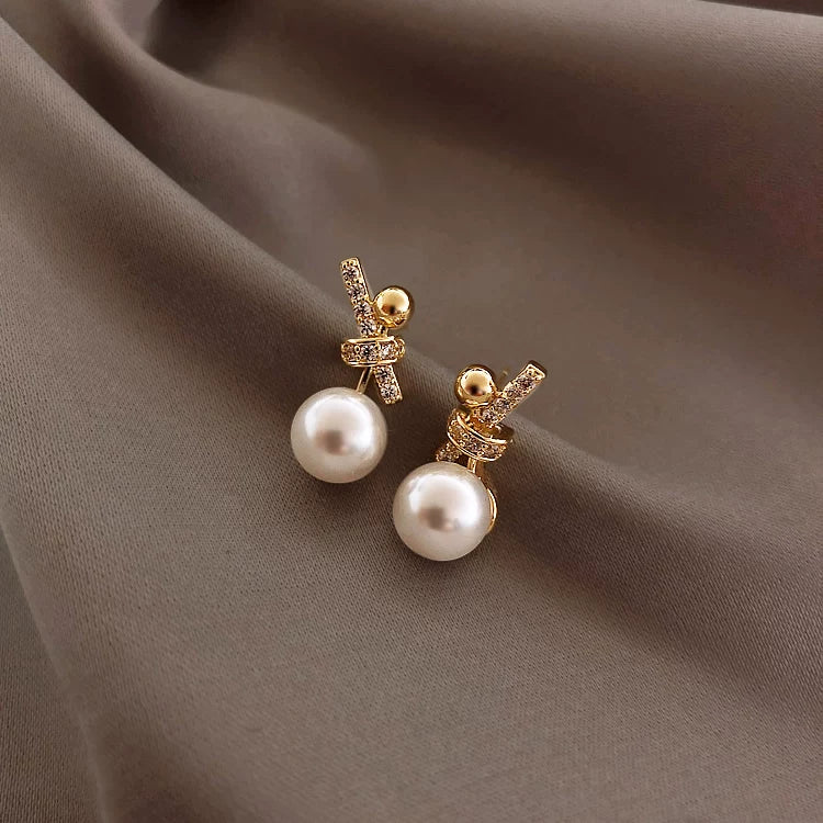 Pearl Bowknot Stud Earrings - Micro-pave Knotted Pearl [5P0HCF7I]