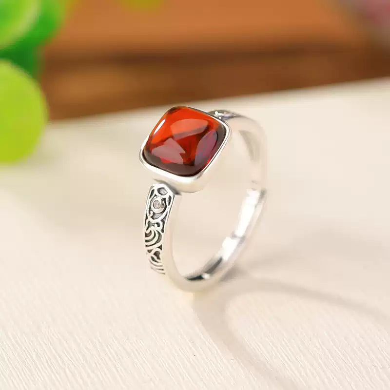 Bloodstone Amber Square Silver Ring