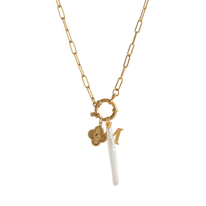 Dainty Charm Pendant Necklace - Flower Letter Pearl Necklace [NGTK8E0Y]